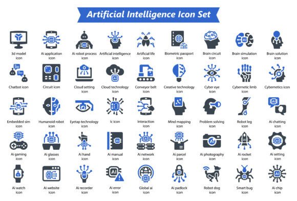 Artificial Intelligence Blue Icon Set