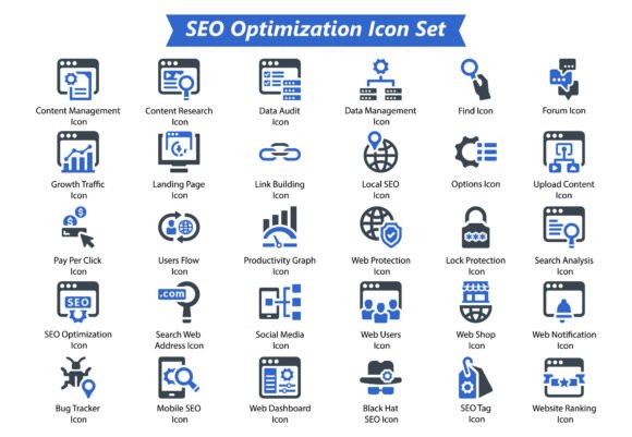 Seo Optimization Icon Set for Graphics and Icons